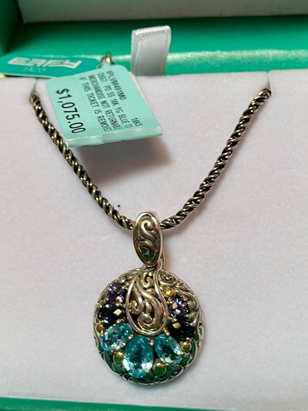 Effy Iolite, London Blue Topaz, Pendant in 18k Yellow Gold & Sterling. NWT